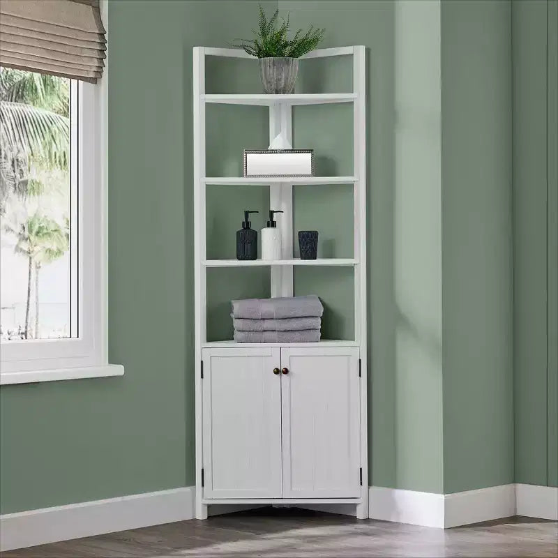 Corner Storage Cabinet with Two Doors and Open Shelving, White, 25"W x 18"D x 68"H