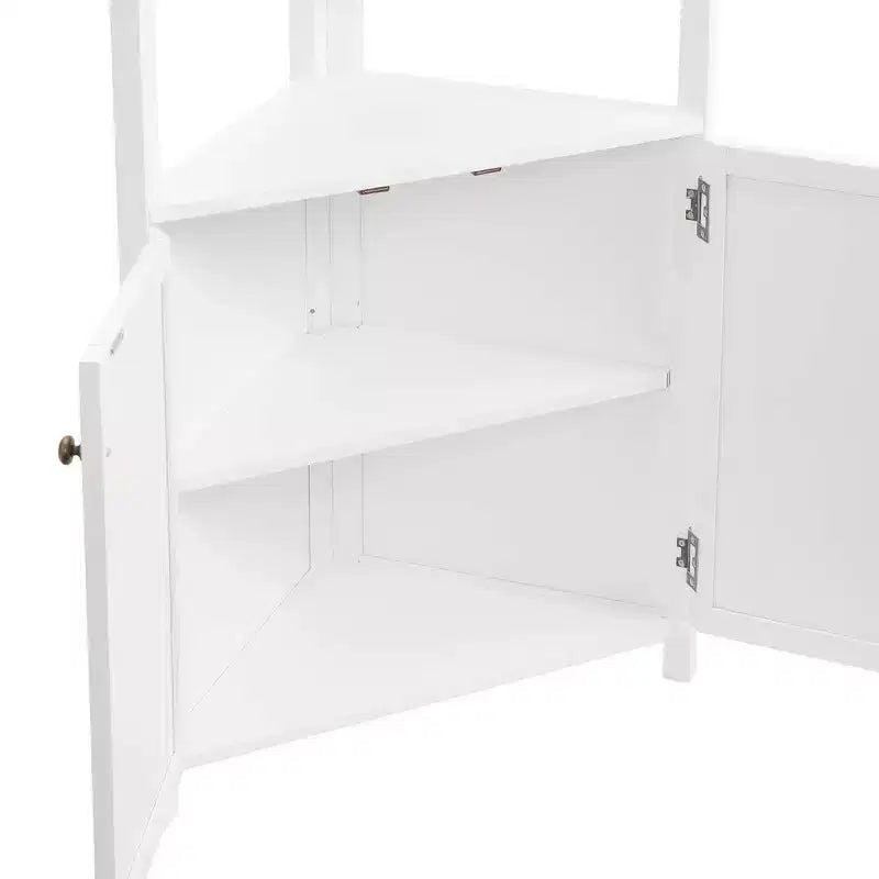 Corner Storage Cabinet with Two Doors and Open Shelving, White, 25"W x 18"D x 68"H