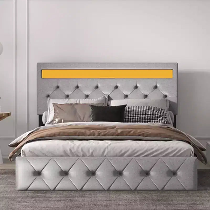 Upholstered Platform Bed Frame with Lighted Headboard and Fast-Charging USB Port, No Box Spring Needed