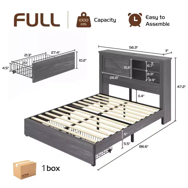 47.2" Bed Frame with Bookcase Headboard, Charging Station and 2 Drawers