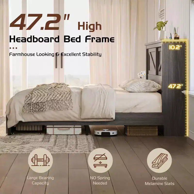 47.2" Bed Frame with Bookcase Headboard, Charging Station and 2 Drawers