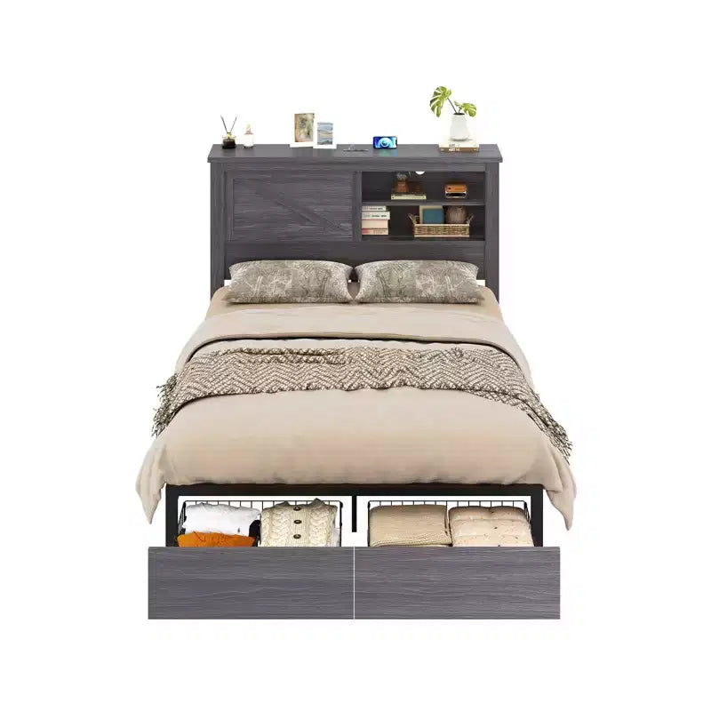 47.2" Bed Frame with Bookcase Headboard, Charging Station and 2 Drawers
