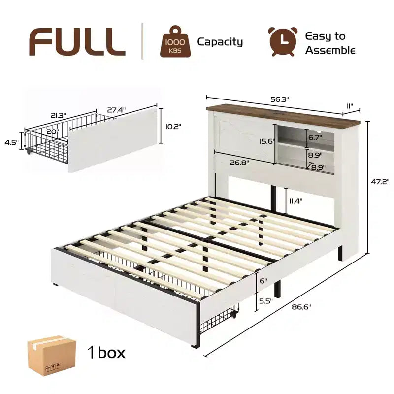47.2" Bed Frame with Bookcase Headboard, Charging Station and 2 Drawers