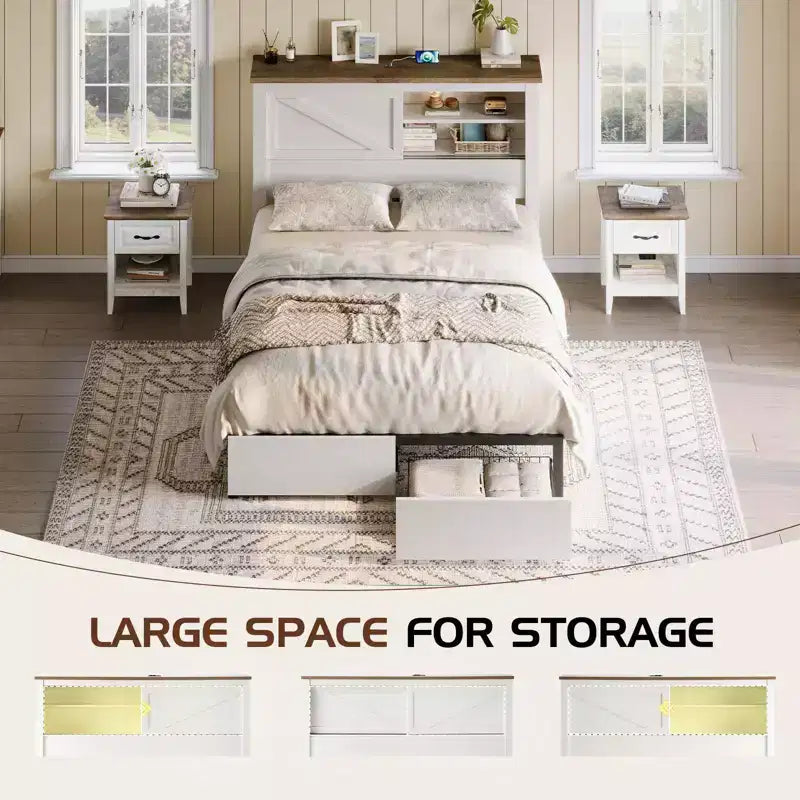 47.2" Bed Frame with Bookcase Headboard, Charging Station and 2 Drawers