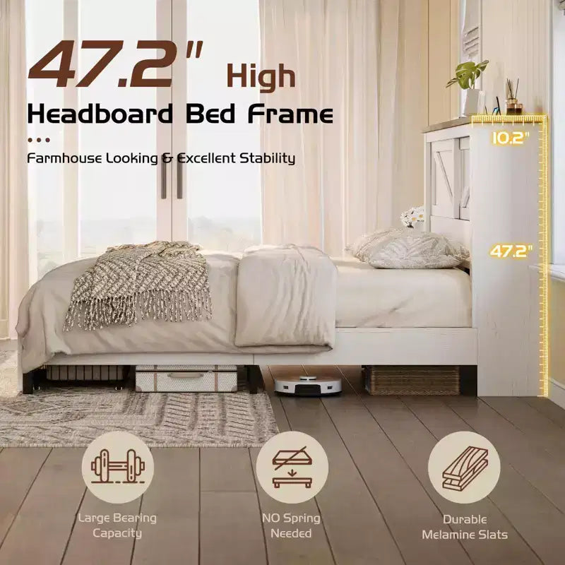 47.2" Bed Frame with Bookcase Headboard, Charging Station and 2 Drawers
