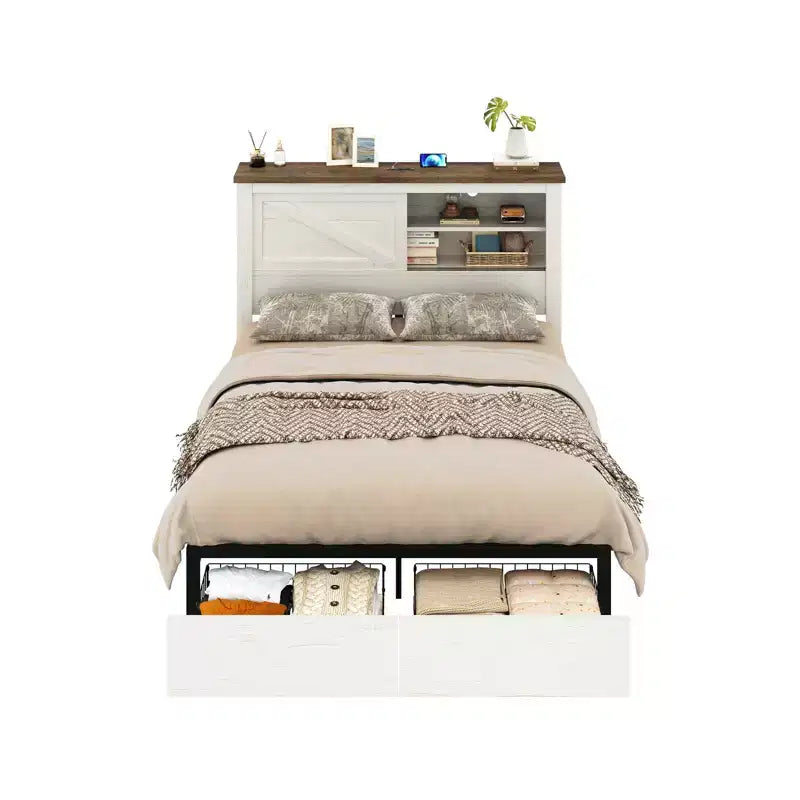 47.2" Bed Frame with Bookcase Headboard, Charging Station and 2 Drawers