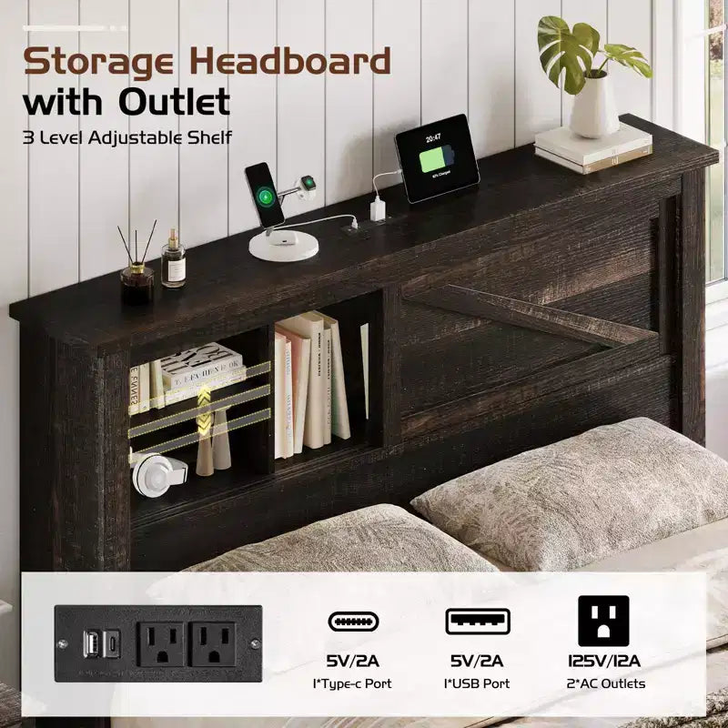 47.2" Bed Frame with Bookcase Headboard, Charging Station and 2 Drawers