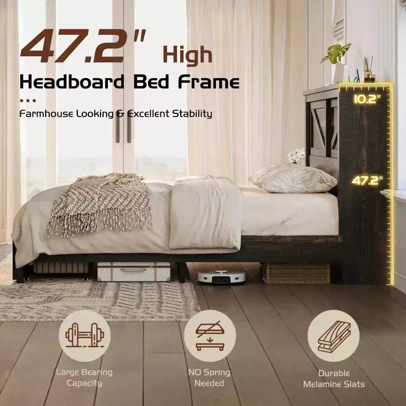 47.2" Bed Frame with Bookcase Headboard, Charging Station and 2 Drawers