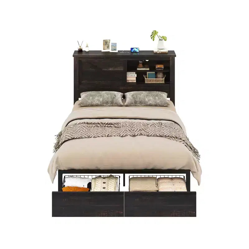 47.2" Bed Frame with Bookcase Headboard, Charging Station and 2 Drawers