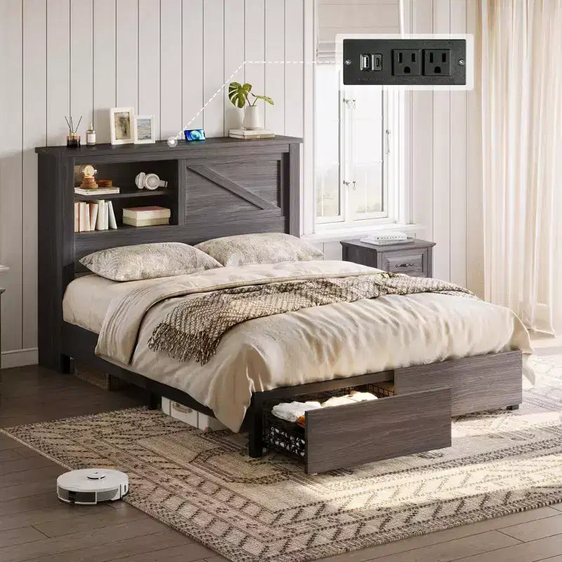 47.2" Bed Frame with Bookcase Headboard, Charging Station and 2 Drawers