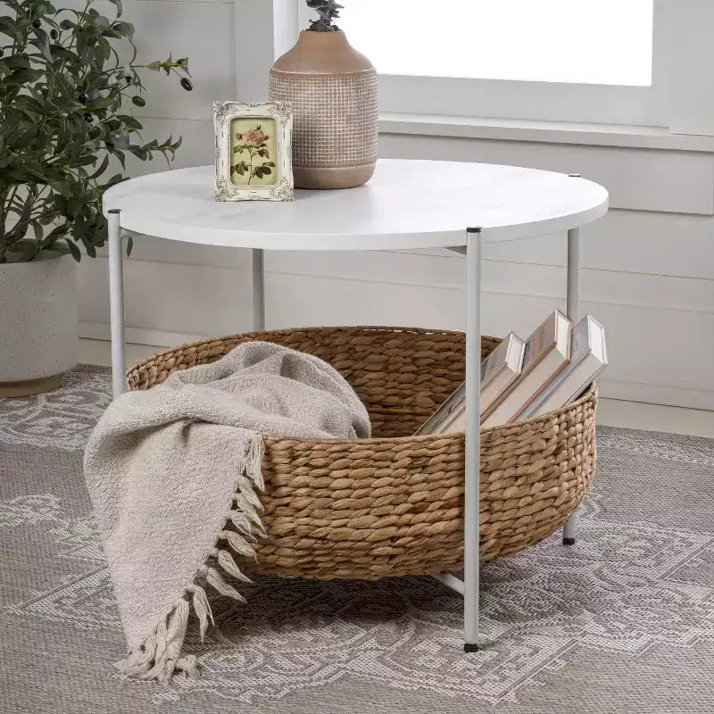 Modern Coastal Round Acacia Wood & Water Hyacinth Coffee Table with Storage Basket