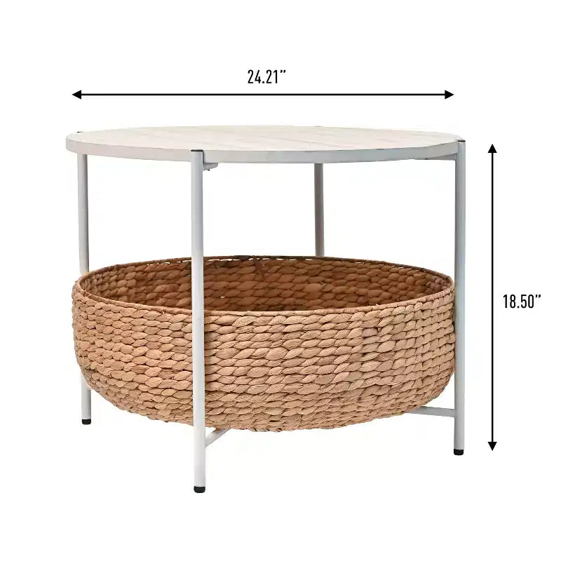 Modern Coastal Round Acacia Wood & Water Hyacinth Coffee Table with Storage Basket