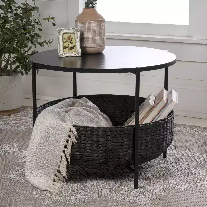 Modern Coastal Round Acacia Wood & Water Hyacinth Coffee Table with Storage Basket