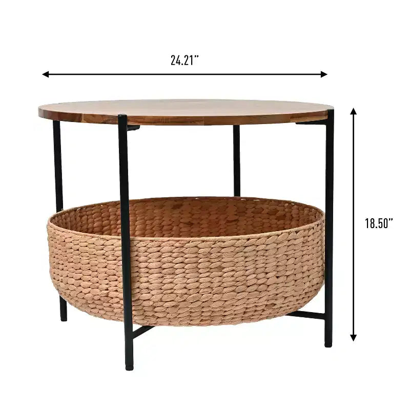 Modern Coastal Round Acacia Wood & Water Hyacinth Coffee Table with Storage Basket