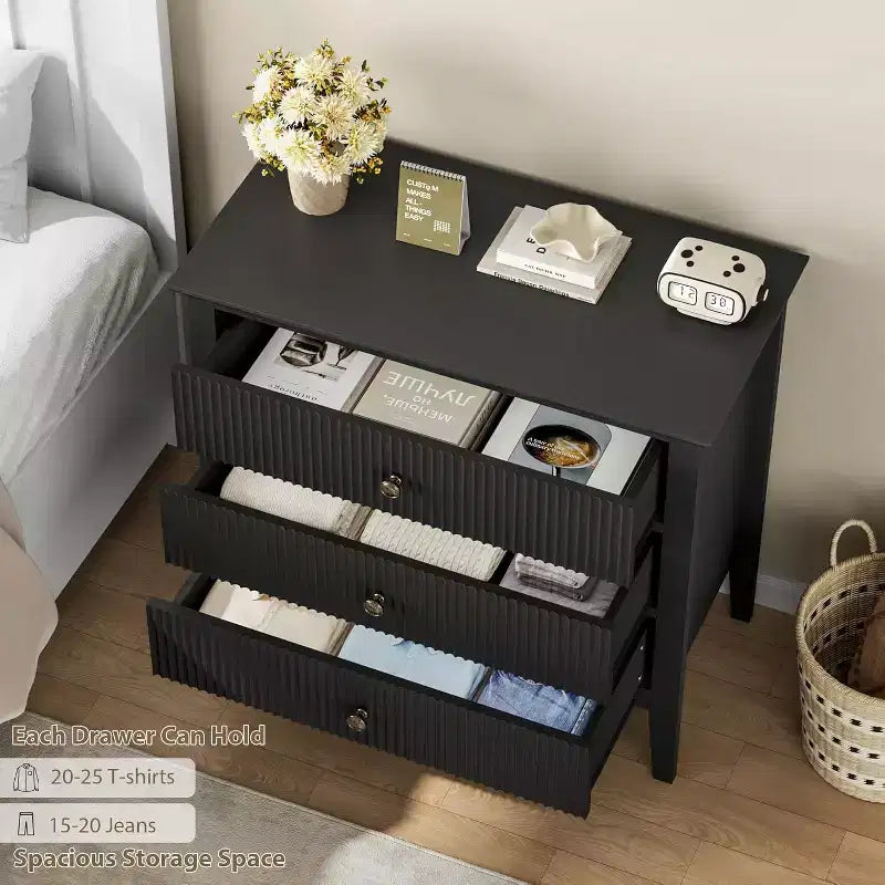 Fluted 3 Drawer Dresser, Wide Dresser Nightstand, Modern Wood Chest of Drawers, Large Painted Storage Cabinet for Closet, Hallway, Entryway, Bedroom