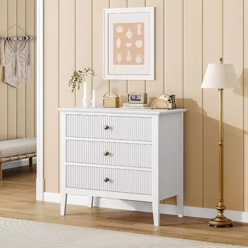 Fluted 3 Drawer Dresser, Wide Dresser Nightstand, Modern Wood Chest of Drawers, Large Painted Storage Cabinet for Closet, Hallway, Entryway, Bedroom