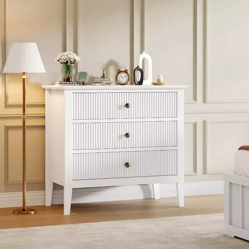Fluted 3 Drawer Dresser, Wide Dresser Nightstand, Modern Wood Chest of Drawers, Large Painted Storage Cabinet for Closet, Hallway, Entryway, Bedroom