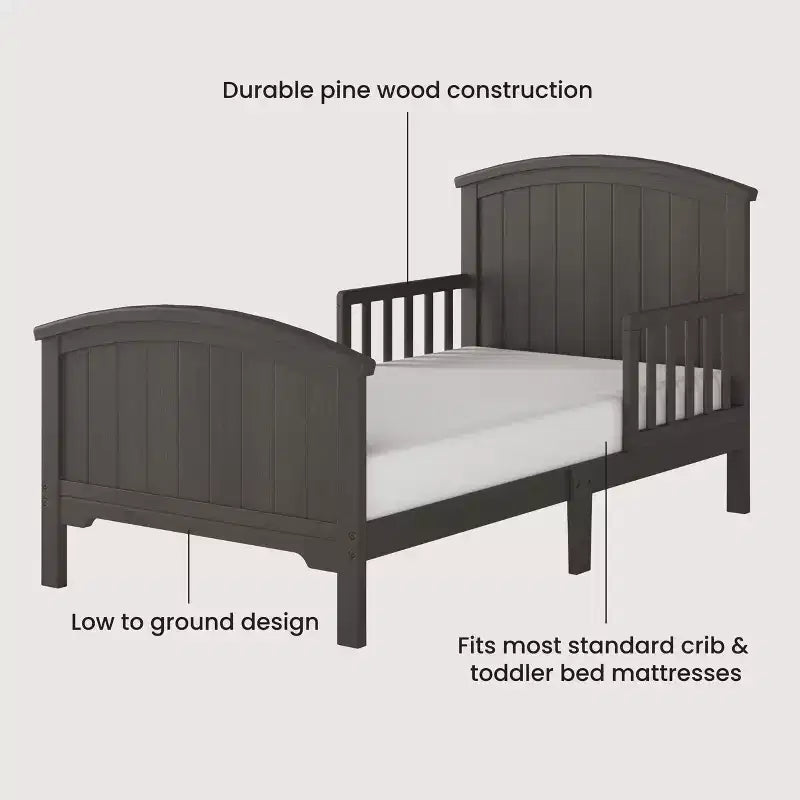 Arch Top Toddler Bed for Kids with Guard Rails, Low to Ground Design, Made of Pinewood, Clean Lines Match Any Decor