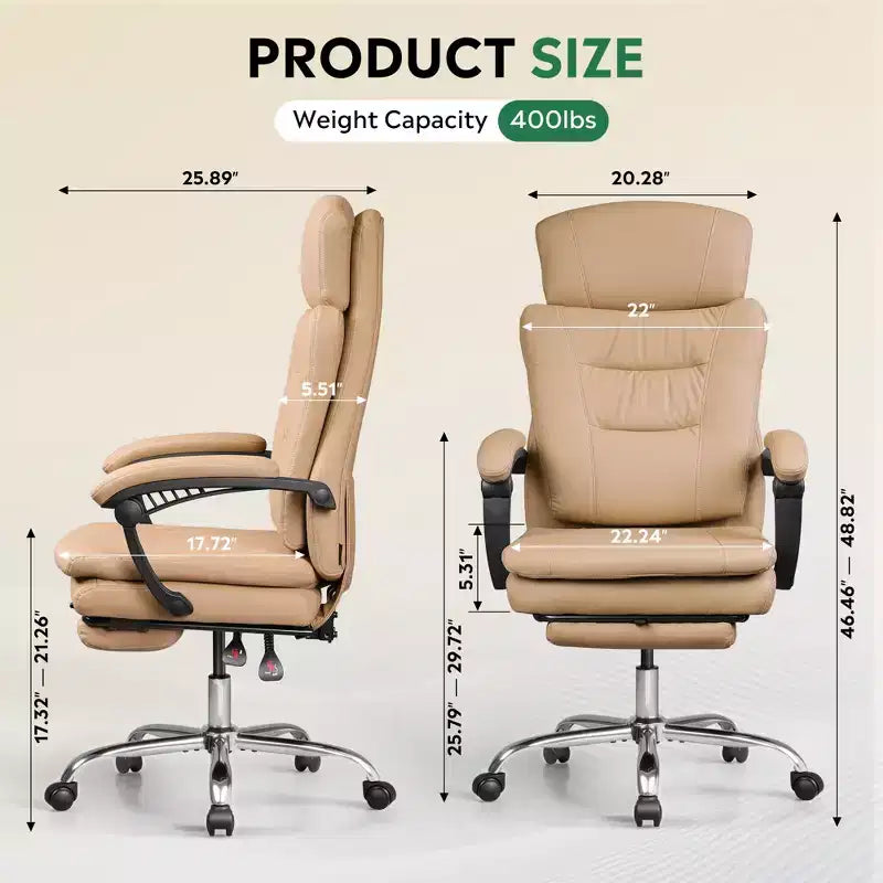 Executive Leather Home Office Chair with Footrest, High Back Ergonomic Desk Chair, Big and Tall with Lumbar Support