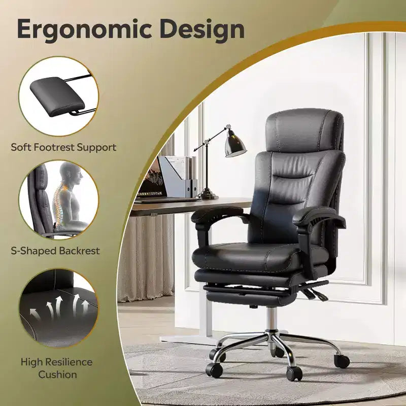 Executive Leather Home Office Chair with Footrest, High Back Ergonomic Desk Chair, Big and Tall with Lumbar Support