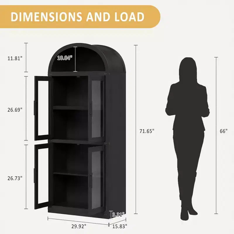 72 Arched Farmhouse Bookshelf - 5 Shelves Tall Wooden Display Cabinet, Glass/Wood Door Storage Cabinet