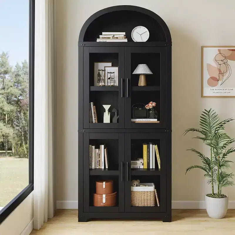 72 Arched Farmhouse Bookshelf - 5 Shelves Tall Wooden Display Cabinet, Glass/Wood Door Storage Cabinet