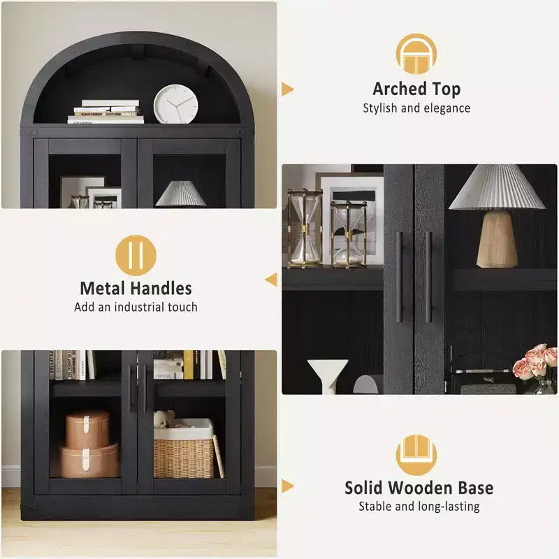 72 Arched Farmhouse Bookshelf - 5 Shelves Tall Wooden Display Cabinet, Glass/Wood Door Storage Cabinet