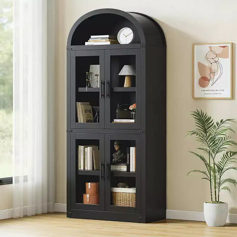 72 Arched Farmhouse Bookshelf - 5 Shelves Tall Wooden Display Cabinet, Glass/Wood Door Storage Cabinet