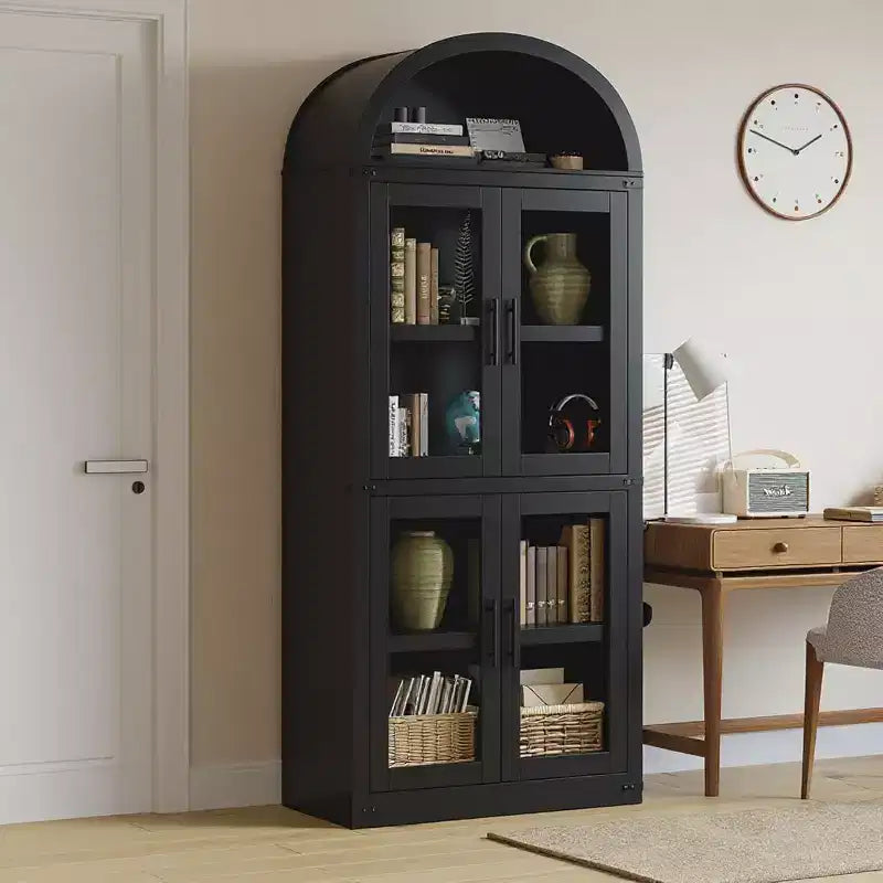 72 Arched Farmhouse Bookshelf - 5 Shelves Tall Wooden Display Cabinet, Glass/Wood Door Storage Cabinet