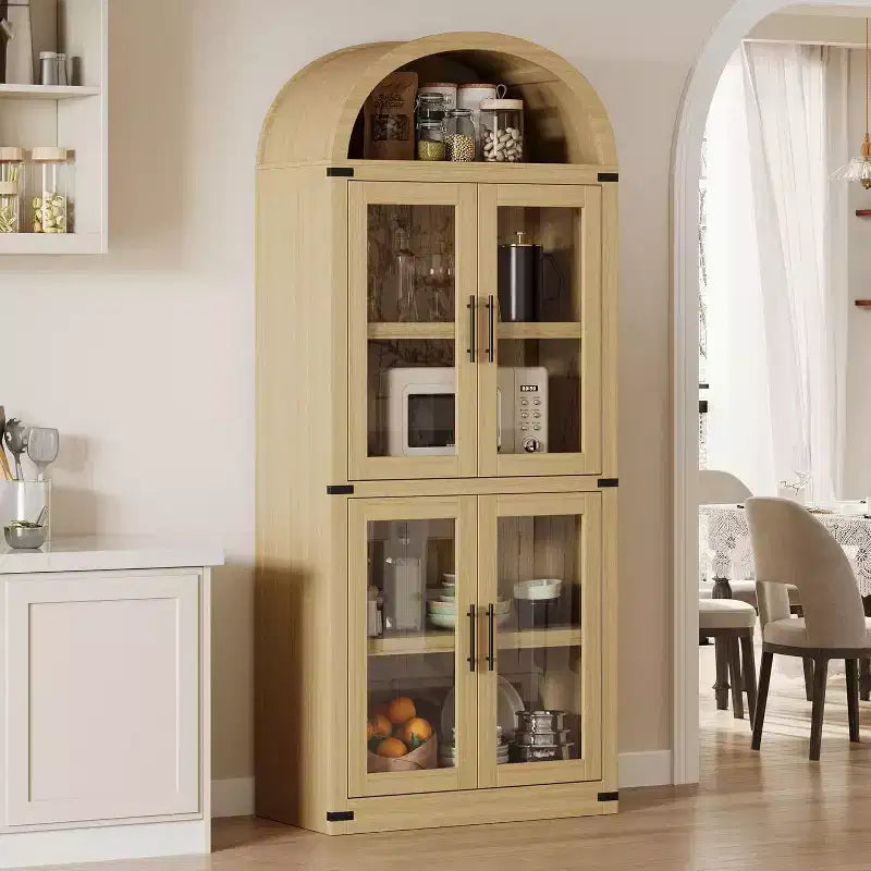 72 Arched Farmhouse Bookshelf - 5 Shelves Tall Wooden Display Cabinet, Glass/Wood Door Storage Cabinet