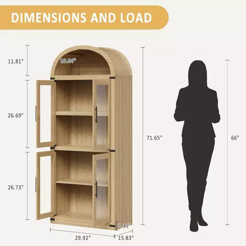 72 Arched Farmhouse Bookshelf - 5 Shelves Tall Wooden Display Cabinet, Glass/Wood Door Storage Cabinet