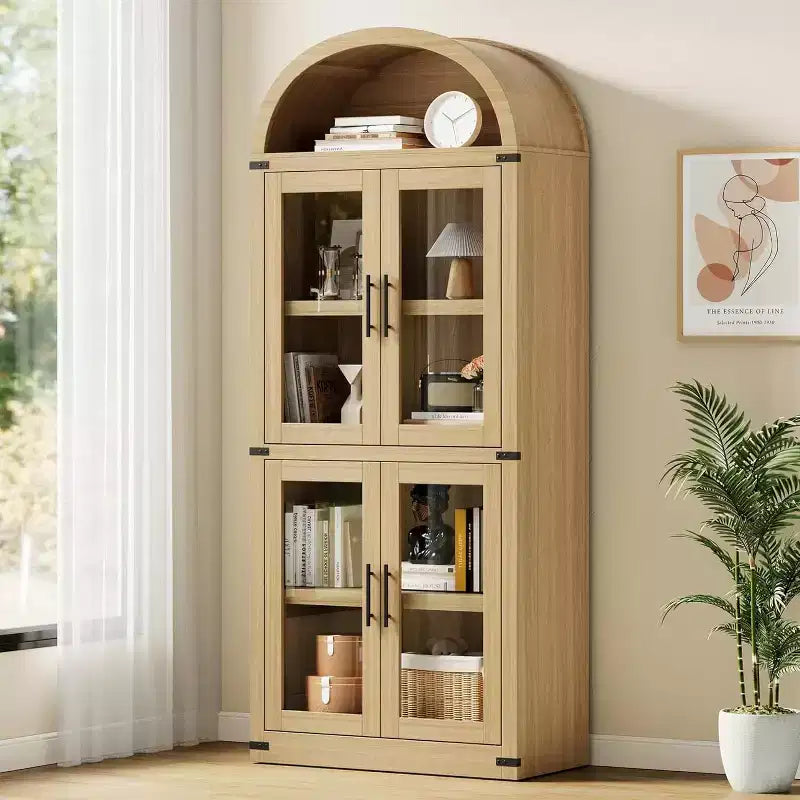 72 Arched Farmhouse Bookshelf - 5 Shelves Tall Wooden Display Cabinet, Glass/Wood Door Storage Cabinet