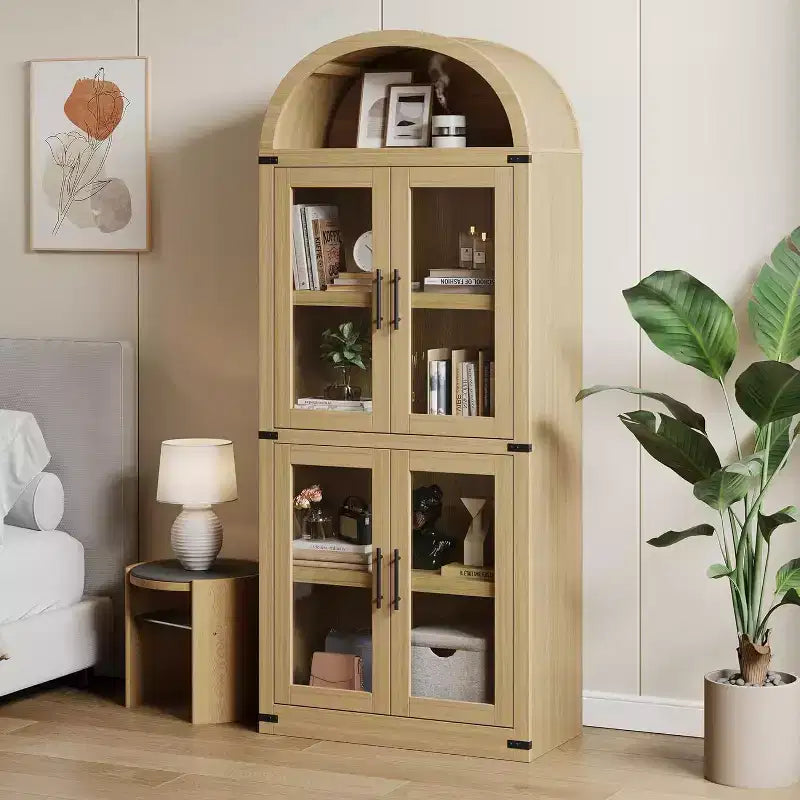 72 Arched Farmhouse Bookshelf - 5 Shelves Tall Wooden Display Cabinet, Glass/Wood Door Storage Cabinet