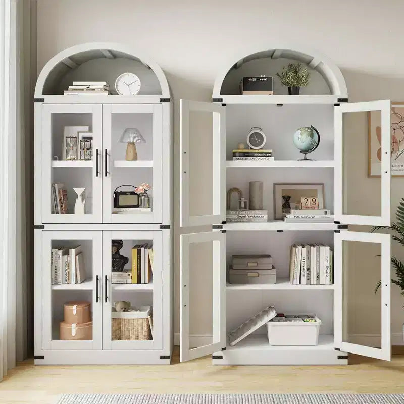 72 Arched Farmhouse Bookshelf - 5 Shelves Tall Wooden Display Cabinet, Glass/Wood Door Storage Cabinet