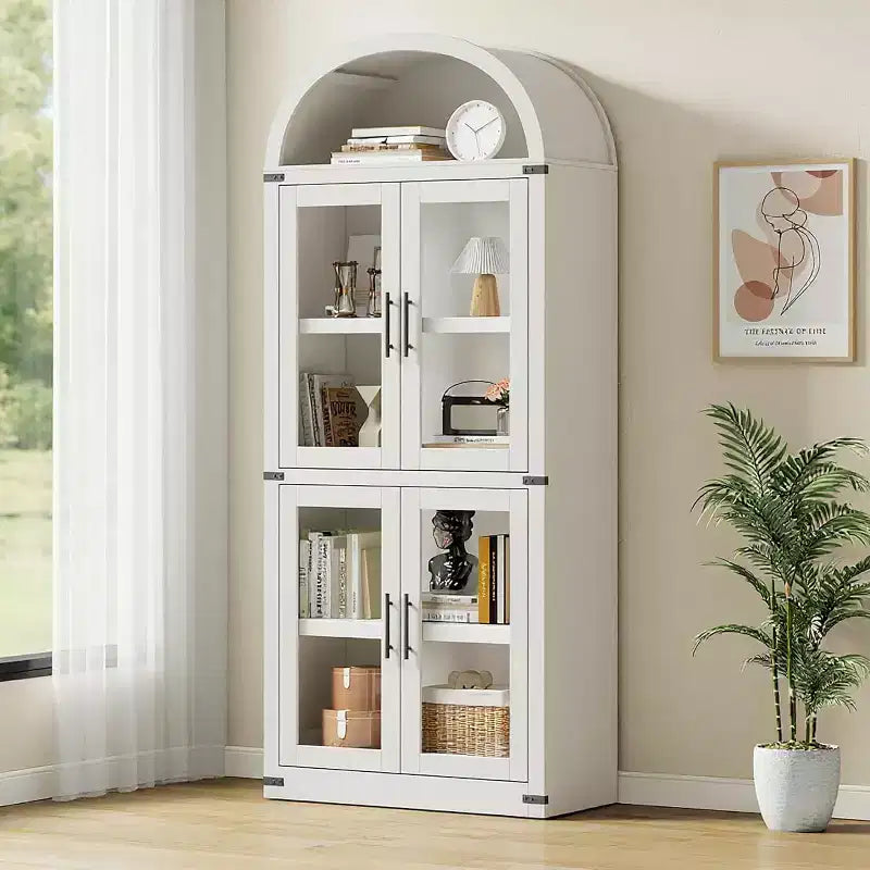 72 Arched Farmhouse Bookshelf - 5 Shelves Tall Wooden Display Cabinet, Glass/Wood Door Storage Cabinet