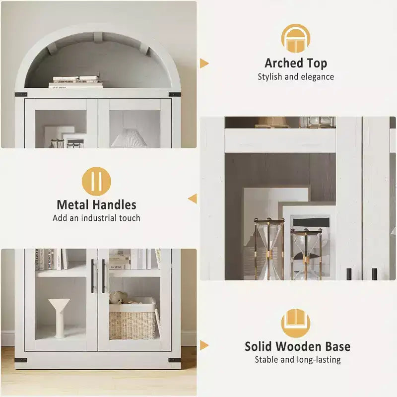 72 Arched Farmhouse Bookshelf - 5 Shelves Tall Wooden Display Cabinet, Glass/Wood Door Storage Cabinet