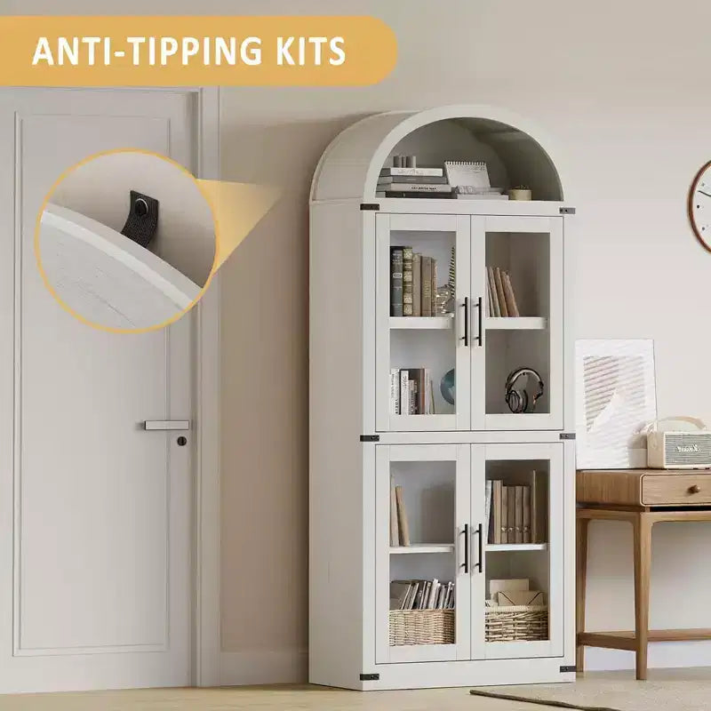72 Arched Farmhouse Bookshelf - 5 Shelves Tall Wooden Display Cabinet, Glass/Wood Door Storage Cabinet