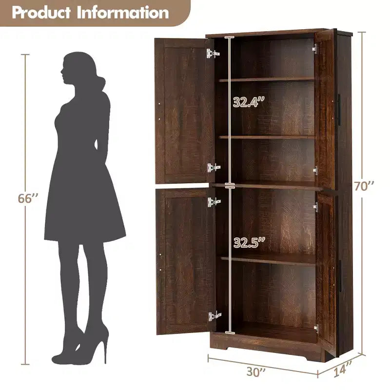 70 Tall Kitchen Pantry Cabinet with Doors and Adjustable Shelves, Freestanding Cupboard
