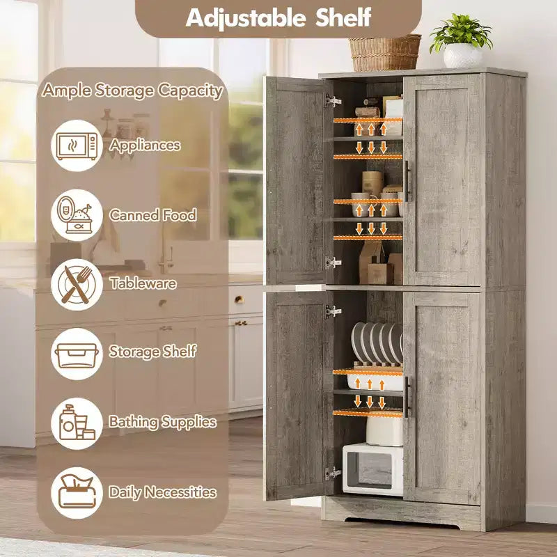 70 Tall Kitchen Pantry Cabinet with Doors and Adjustable Shelves, Freestanding Cupboard
