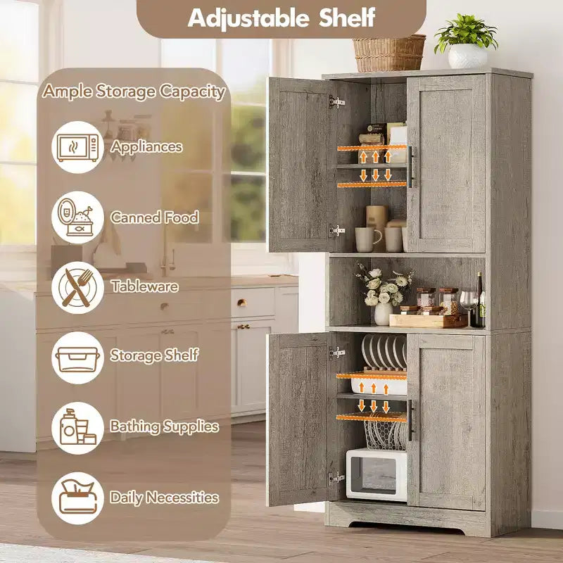 70 Tall Kitchen Pantry Cabinet with Doors and Adjustable Shelves, Freestanding Cupboard
