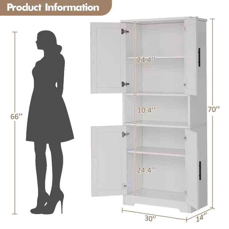 70 Tall Kitchen Pantry Cabinet with Doors and Adjustable Shelves, Freestanding Cupboard