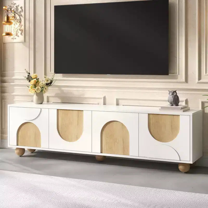 Farmhouse TV Stand for TVs up to 75", Cream Media Console with Rebound Doors and 5 Solid Wood Legs