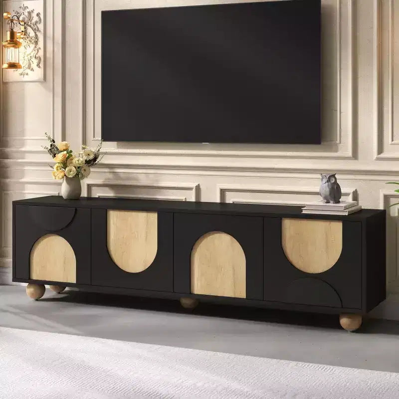 Farmhouse TV Stand for TVs up to 75", Cream Media Console with Rebound Doors and 5 Solid Wood Legs
