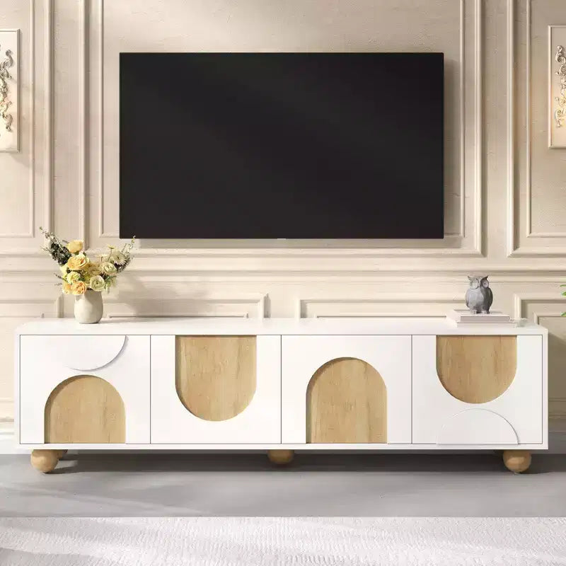 Farmhouse TV Stand for TVs up to 75", Cream Media Console with Rebound Doors and 5 Solid Wood Legs