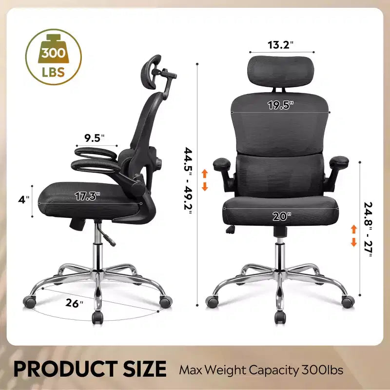 Mesh Office Chair, Ergonomic with 3D Headrest and Flip-Up Armrests, for Professionals and Gamers, Black