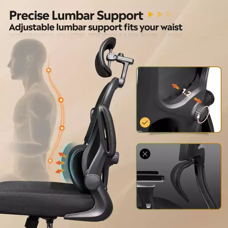 Mesh Office Chair, Ergonomic with 3D Headrest and Flip-Up Armrests, for Professionals and Gamers, Black