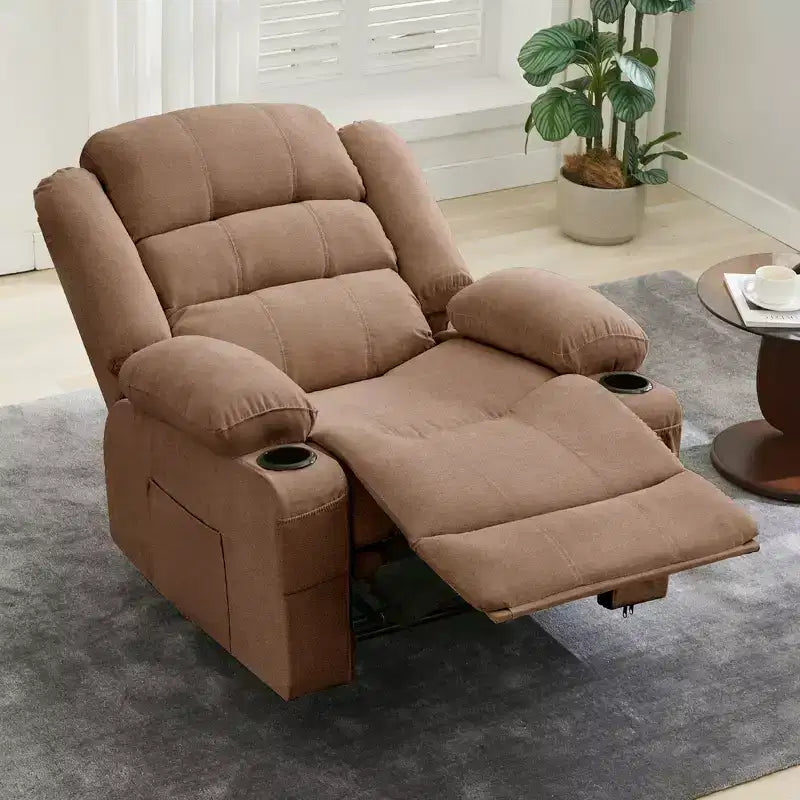 Large Recliner Chair for Adults, Manual Fabric Recliner, Minimalist Single Reclining Sofa with Side Pockets, Cup Holders