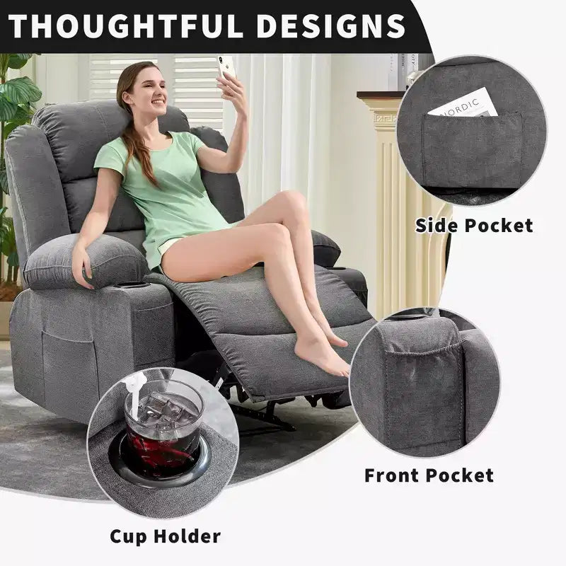 Large Recliner Chair for Adults, Manual Fabric Recliner, Minimalist Single Reclining Sofa with Side Pockets, Cup Holders