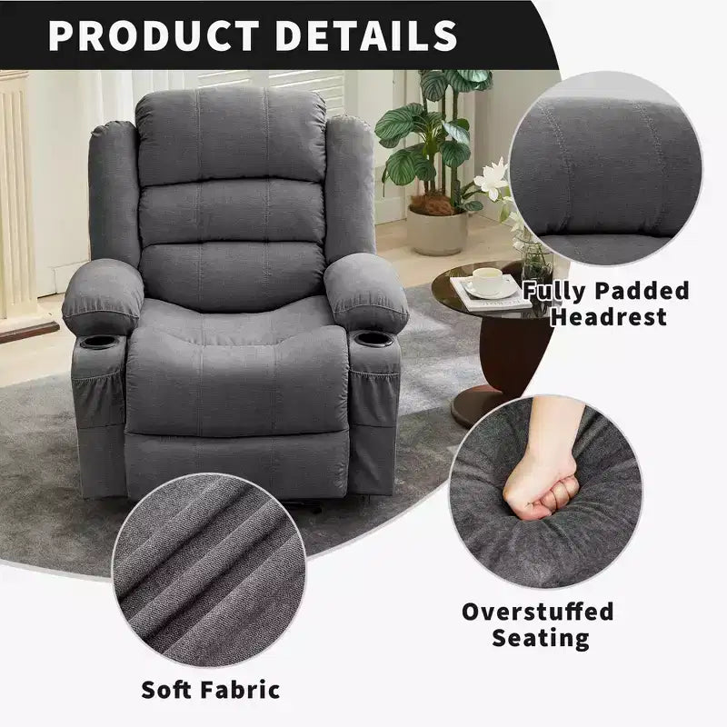 Large Recliner Chair for Adults, Manual Fabric Recliner, Minimalist Single Reclining Sofa with Side Pockets, Cup Holders