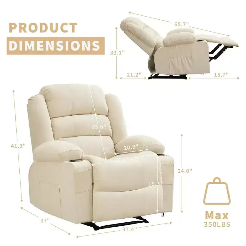 Large Recliner Chair for Adults, Manual Fabric Recliner, Minimalist Single Reclining Sofa with Side Pockets, Cup Holders